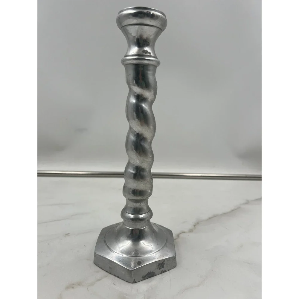 Vintage Pewter Barley Twist Candlestick Holder Hexagon Base 9.25 Inch Silver